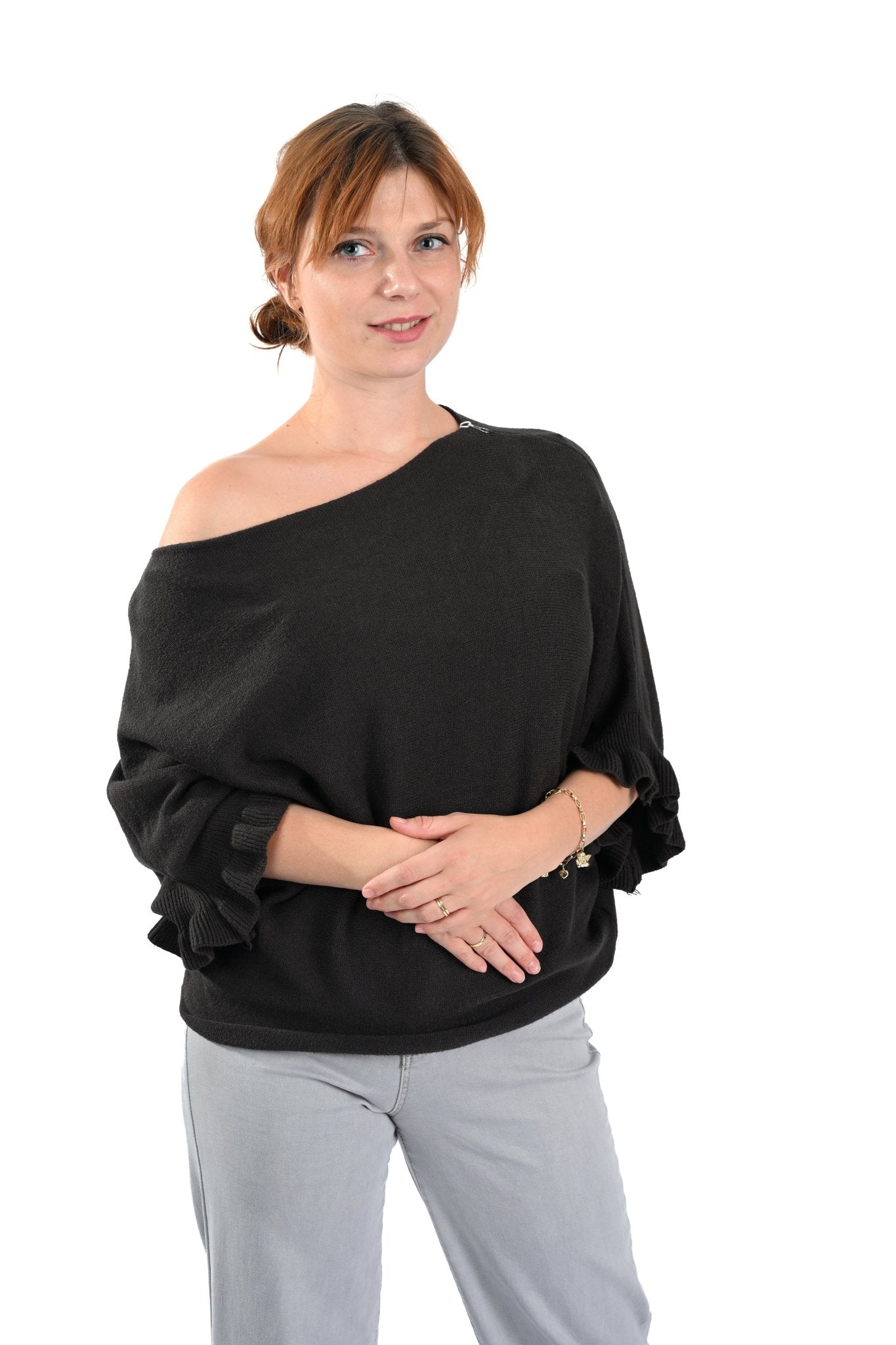 Knitted Trui met Ruffle Mouw – DonkerBruin - BlushFashionstore