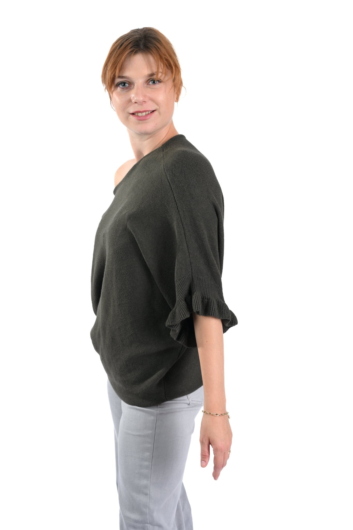 Knitted Trui met Ruffle Mouw – Olijfgroen - BlushFashionstore
