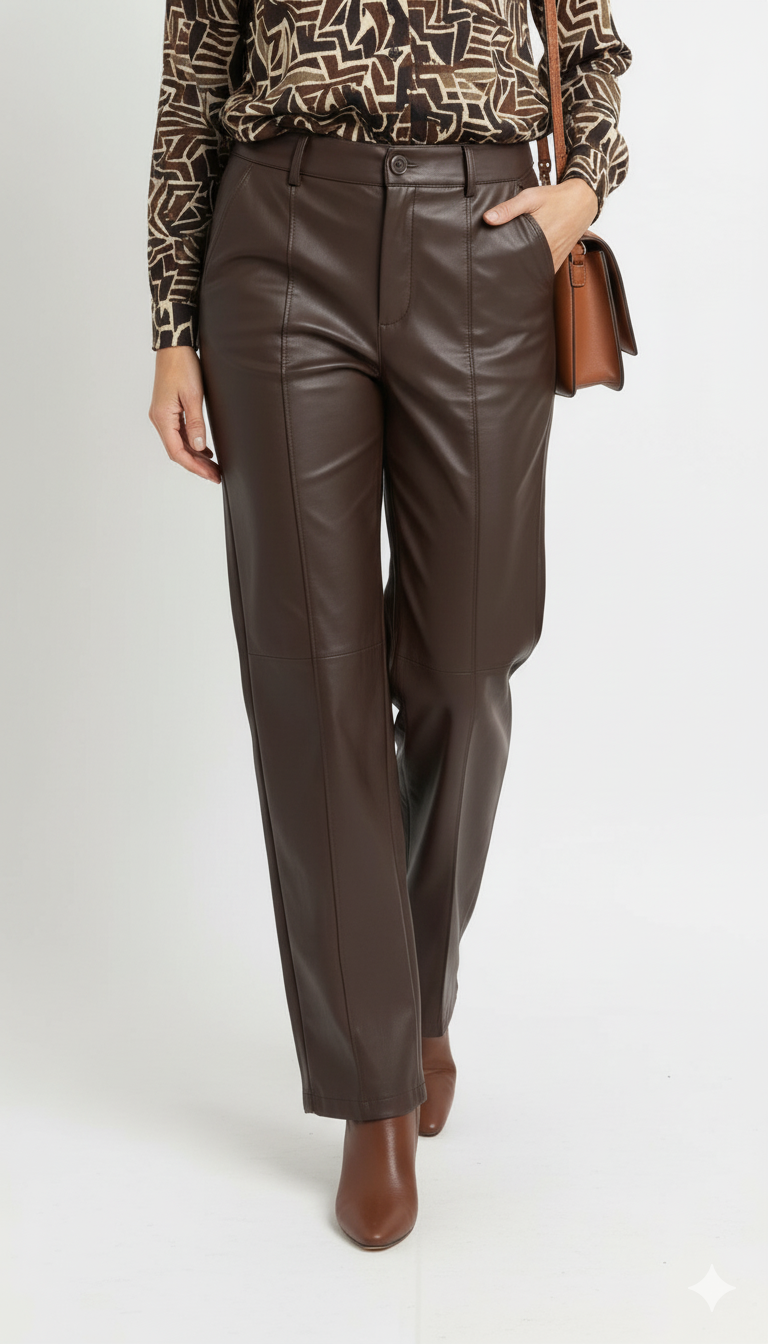Bruine faux leather damesbroek met high waist en straight-leg pasvorm