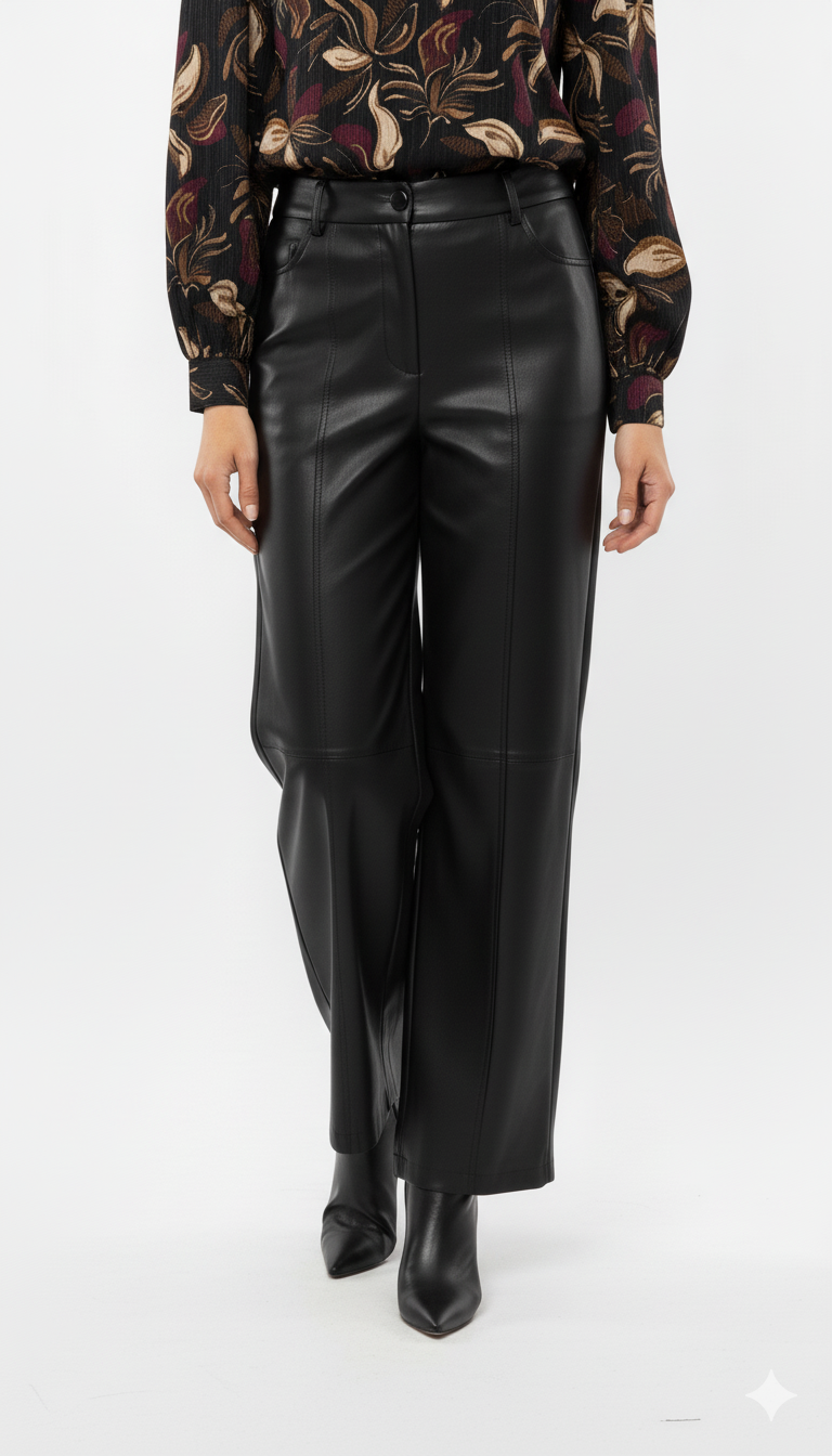 Zwarte faux leather damesbroek met high waist en rechte pijpen