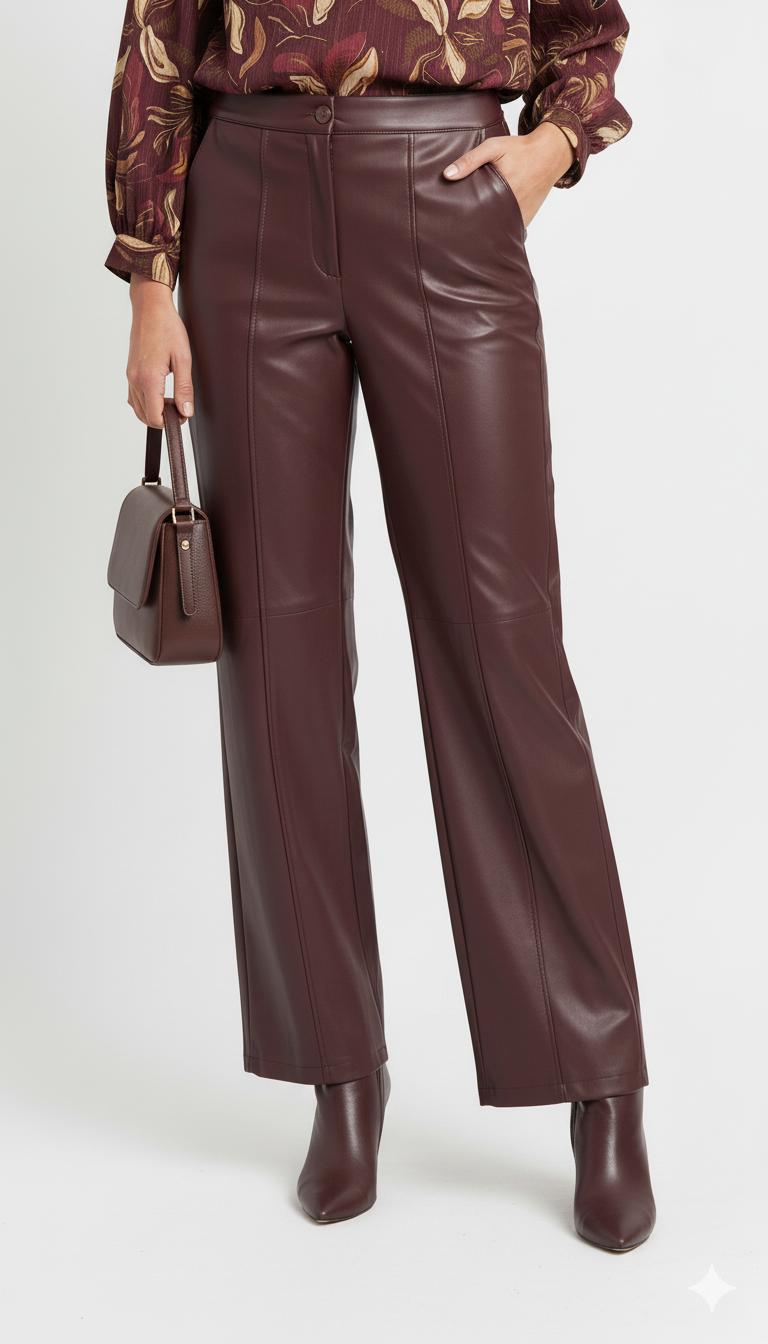 Bordeaux faux leather straight-leg damesbroek met high waist en naden
