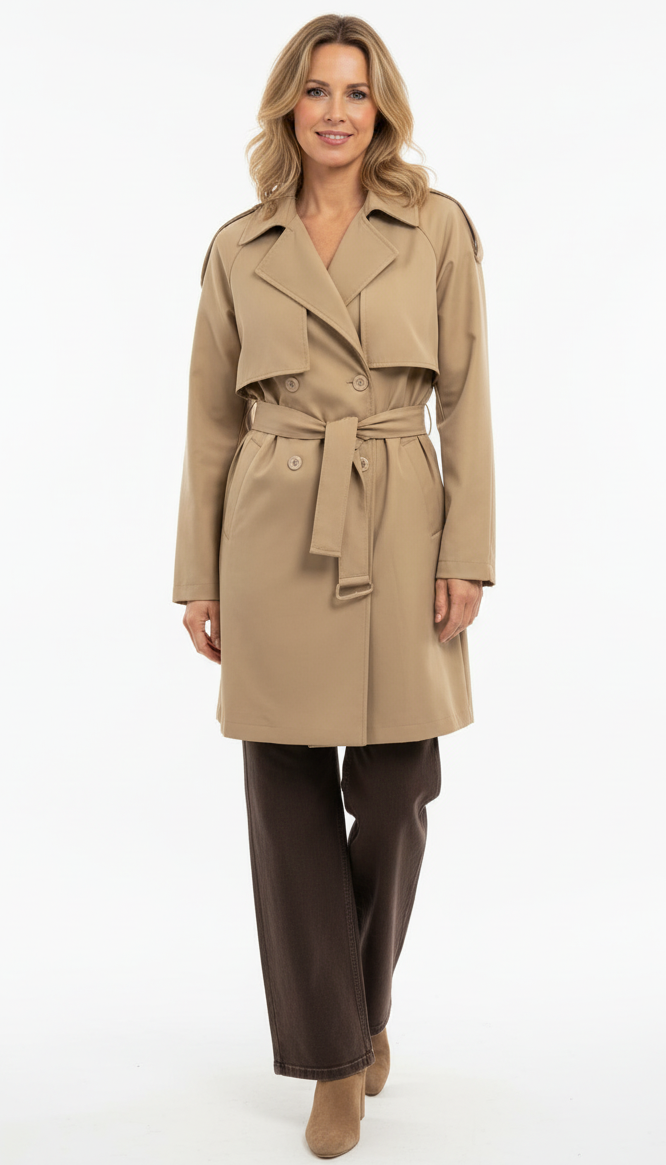 Model draagt een beige trenchcoat met ceintuur, dubbele knopen en klassieke details van Blushfashionstore.