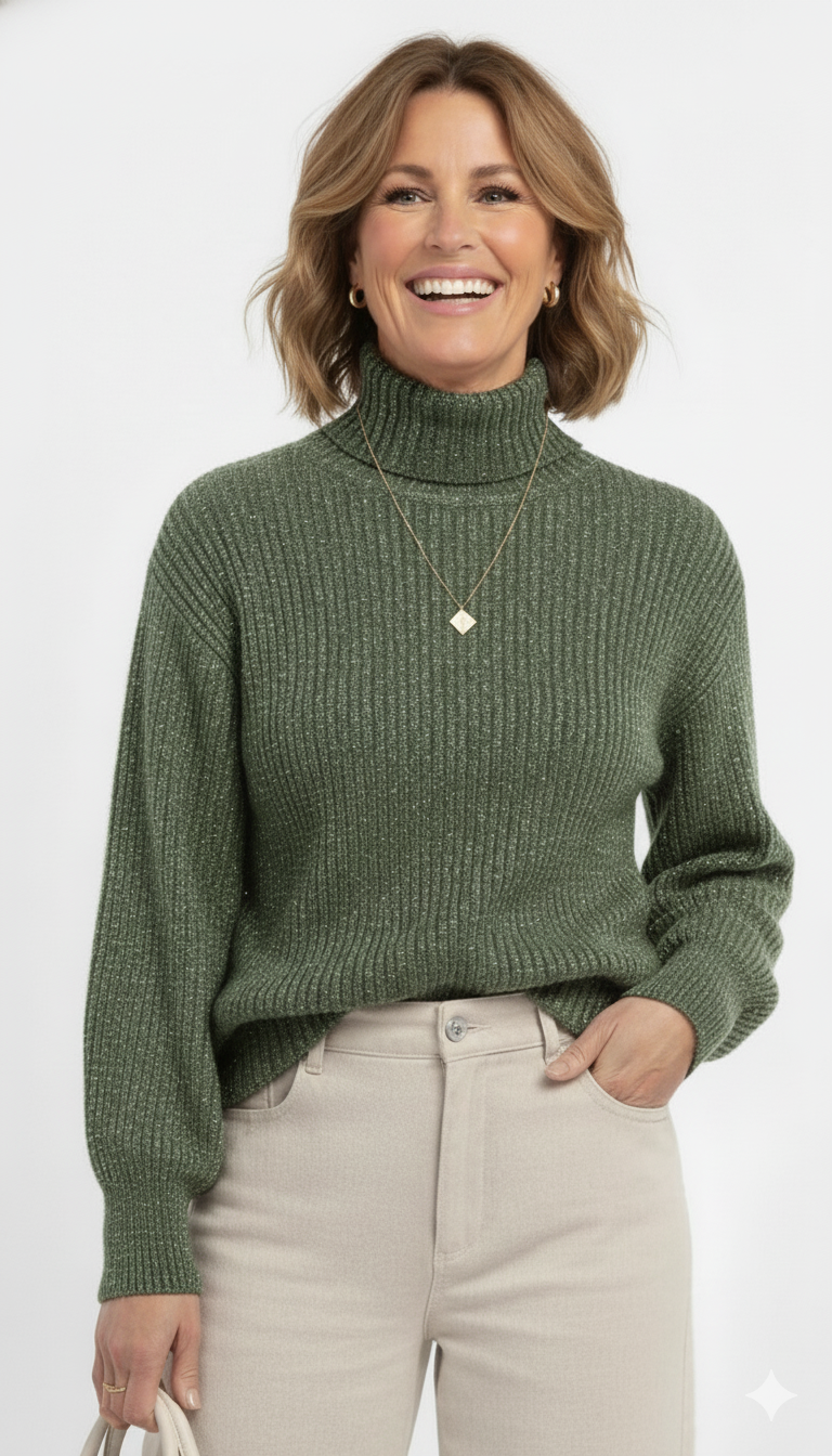 Vrouw draagt groene rib coltrui – zachte gebreide dames coltrui met lange mouwen.