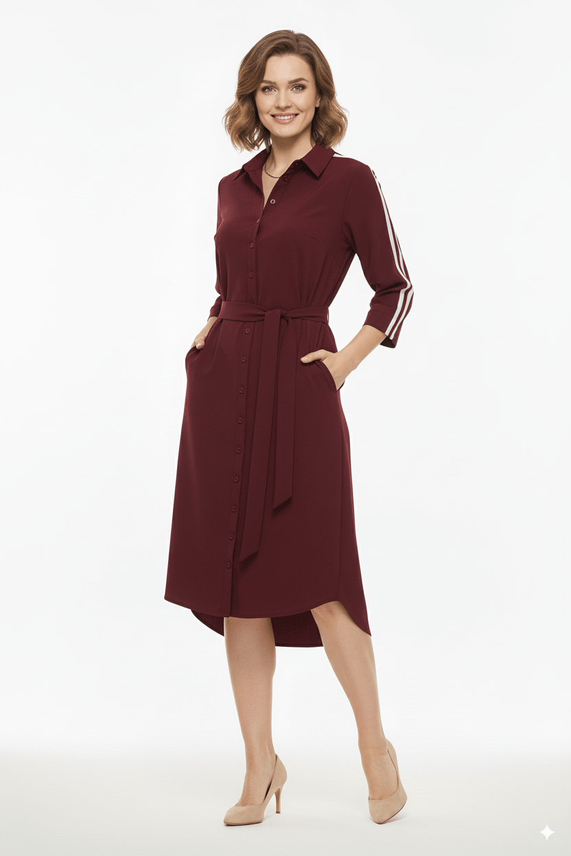 Mi Piace Bordeaux Rode Overhemdjurk Dames – Sportieve Jurk met Tailleband - BlushFashionstore