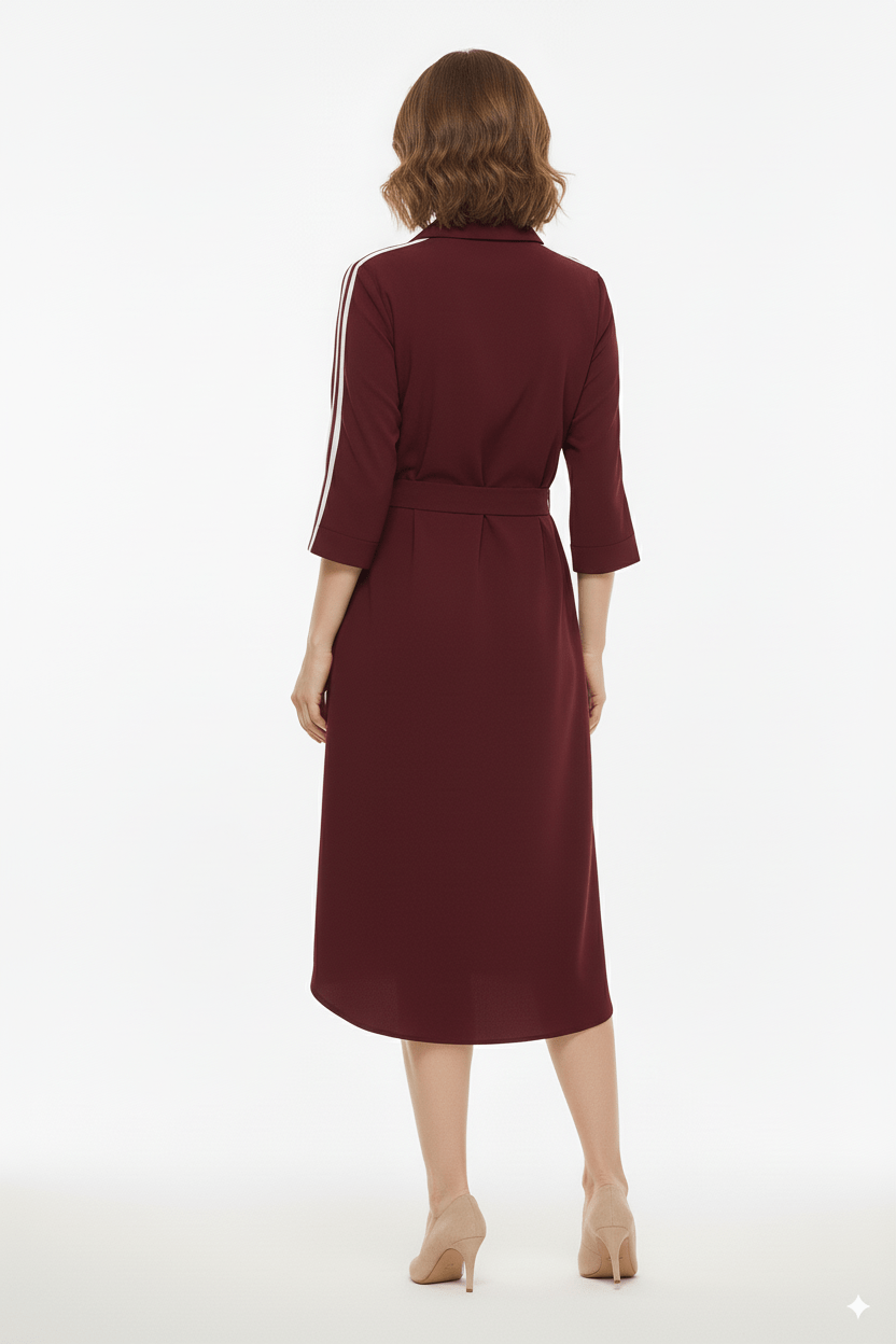 Mi Piace Bordeaux Rode Overhemdjurk Dames – Sportieve Jurk met Tailleband - BlushFashionstore