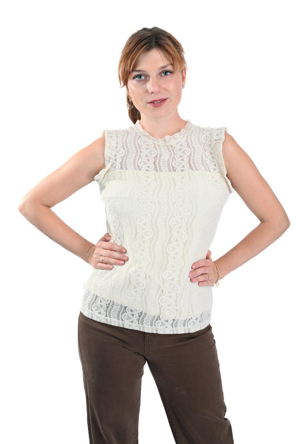 MI Piace Crèmekleurige Kanttop – Elegante Mouwloze Dames Top met Fijne Details - BlushFashionstore