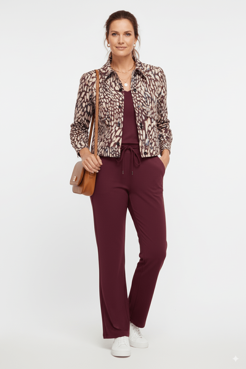 Mi Piace Damesjack Bordeaux Abstract Print – Kort Jack met Knoopsluiting - BlushFashionstore