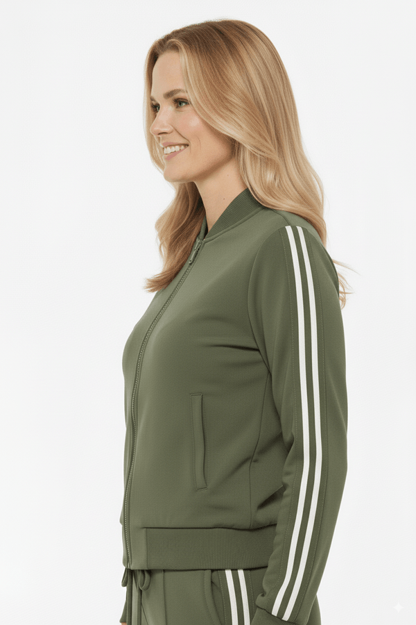 Mi Piace Groen Trainingsjack Dames – Sportief Bomberjack met Strepen - BlushFashionstore