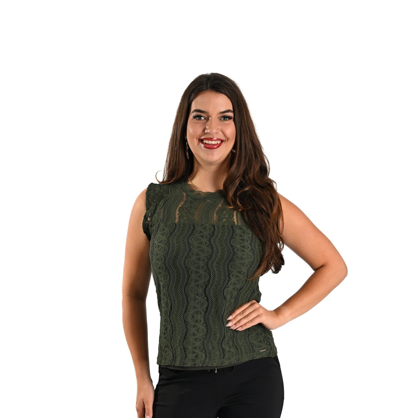 MI Piace Groene Kanttop – Mouwloze Dames Top met Luxe Stretch en Elegante Halslijn - BlushFashionstore