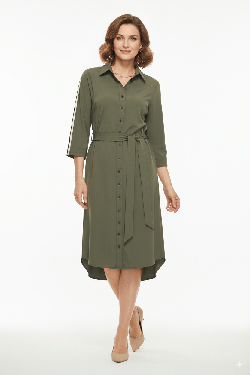 Mi Piace Groene Overhemdjurk Dames – Sportieve Jurk met Tailleband - BlushFashionstore