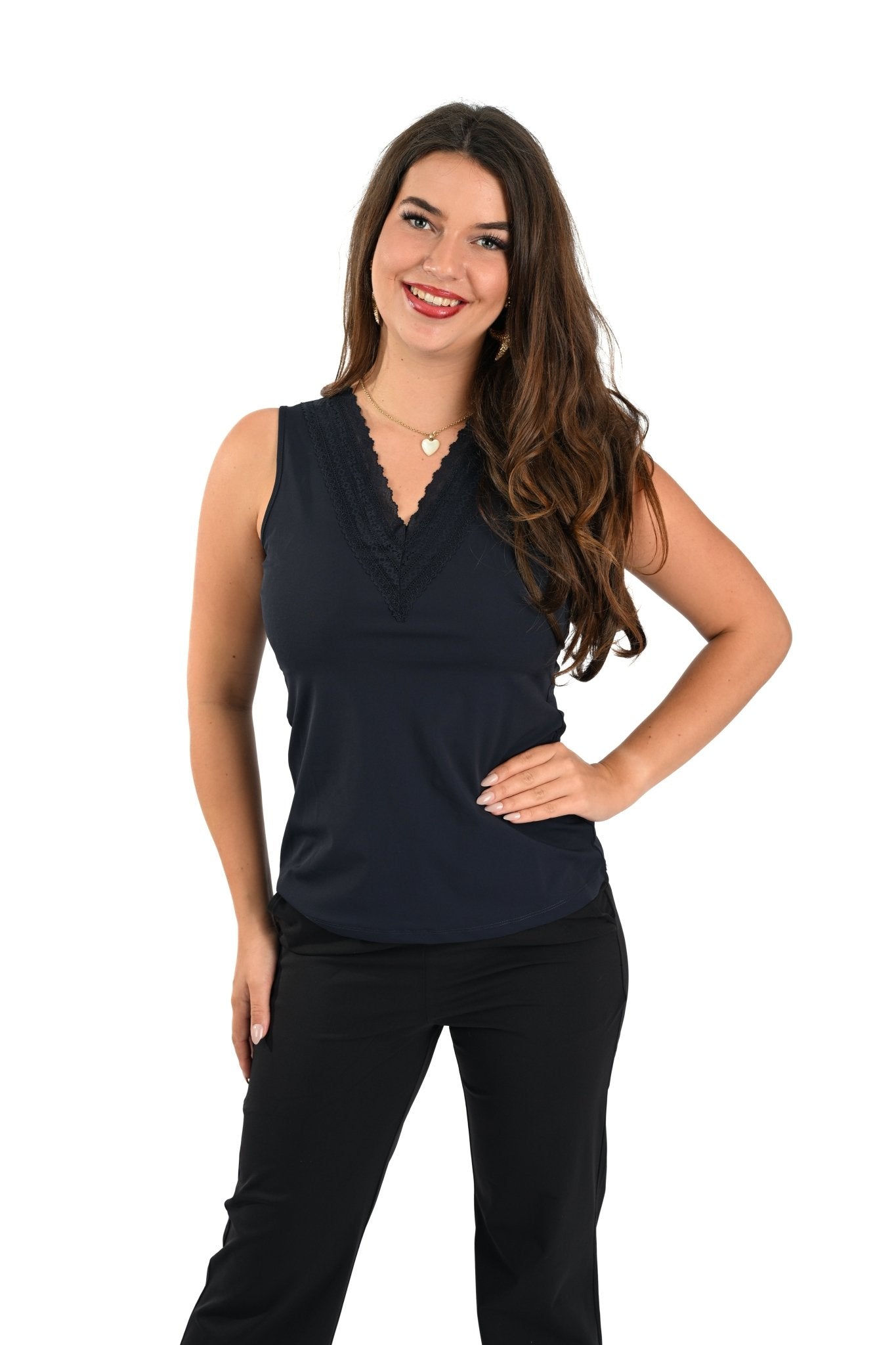 Mi Piace Mouwloze Top met Kant – Donkerblauw - BlushFashionstore
