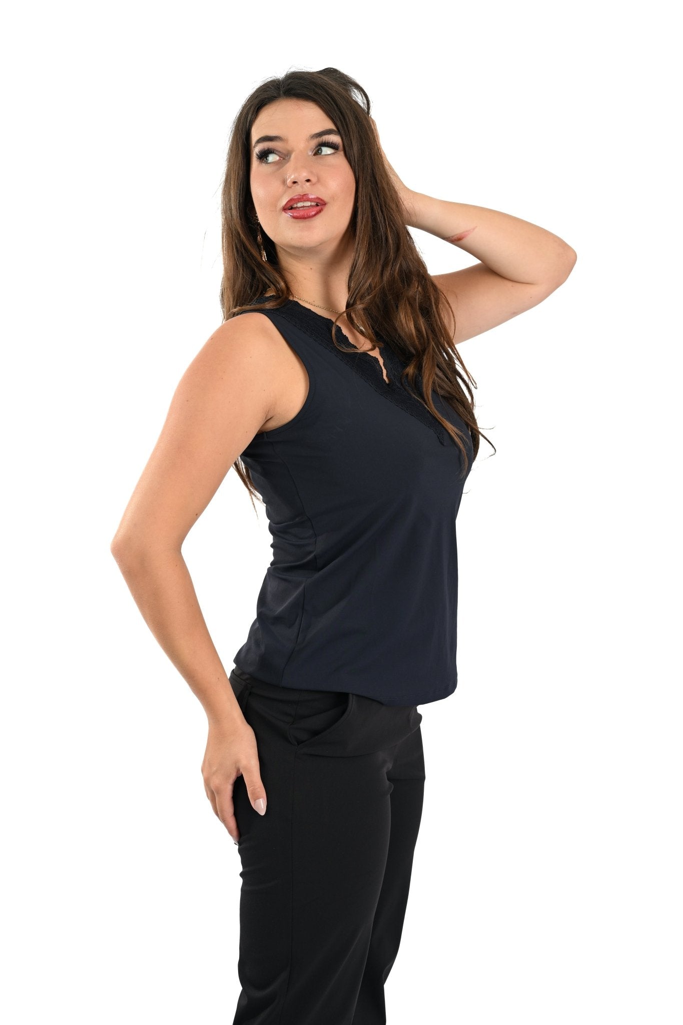 Mi Piace Mouwloze Top met Kant – Donkerblauw - BlushFashionstore