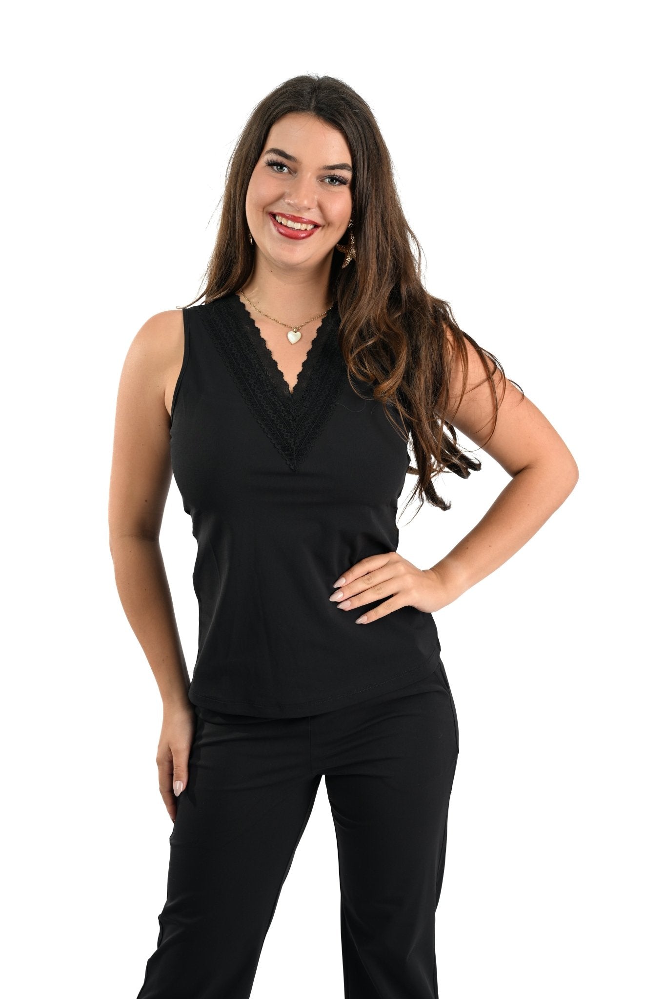 Mi Piace Mouwloze Top met Kant – Zwart - BlushFashionstore