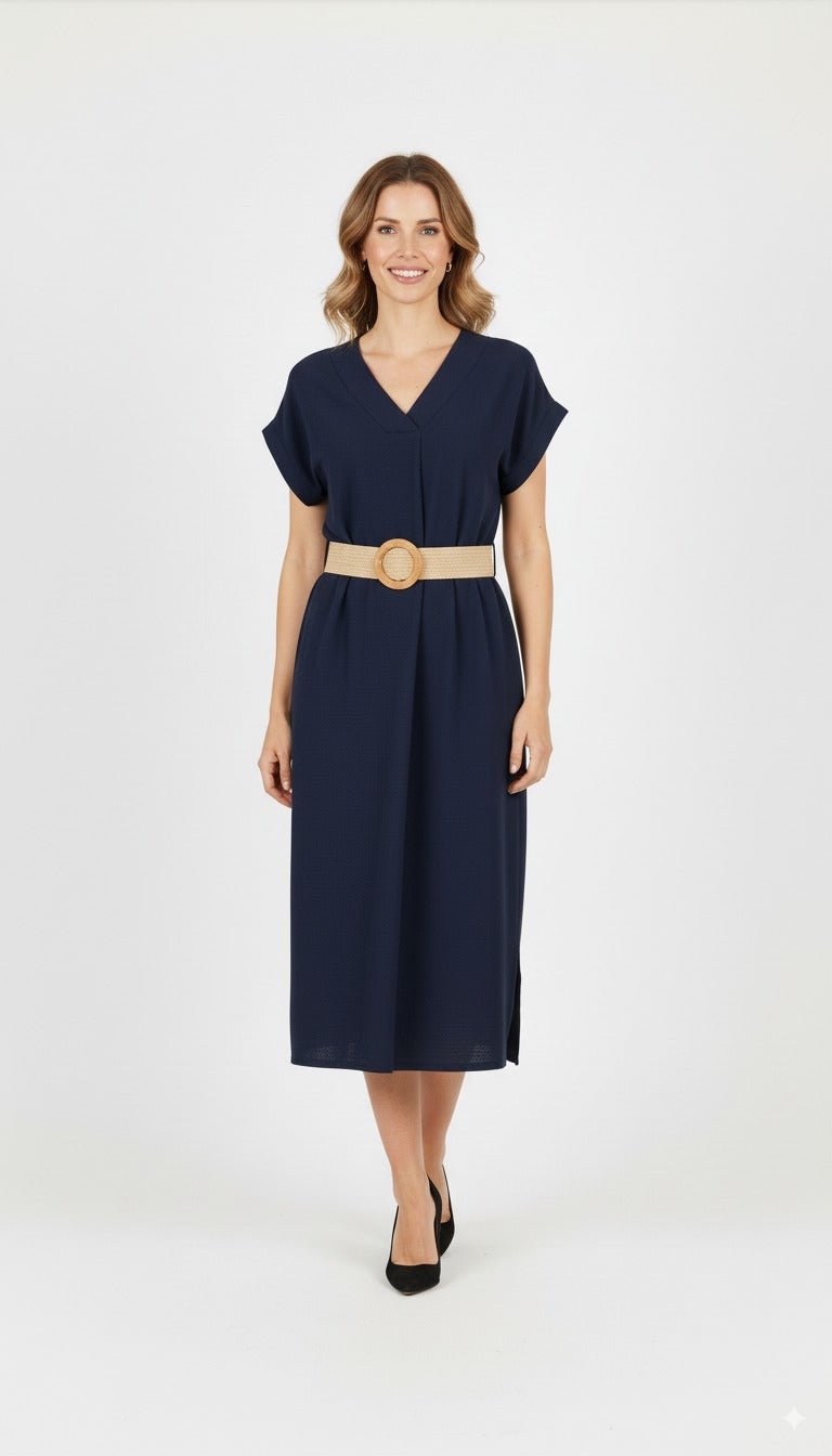 Midi Jurk met Riem – Navy Blauw - BlushFashionstore
