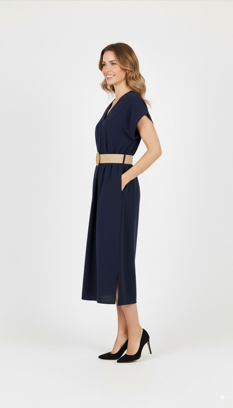 Midi Jurk met Riem – Navy Blauw - BlushFashionstore