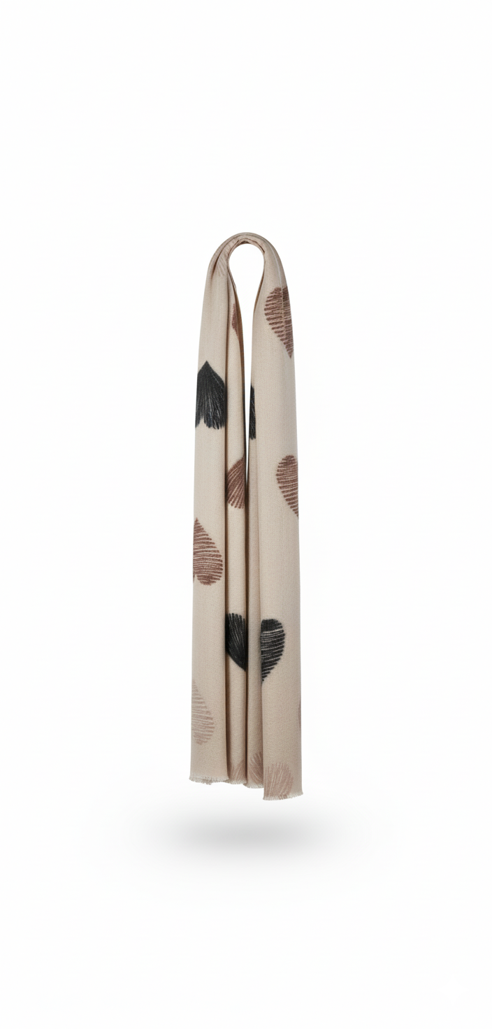 Beige dames sjaal met zwarte en bruine hartprint – zachte, warme wintersjaal.