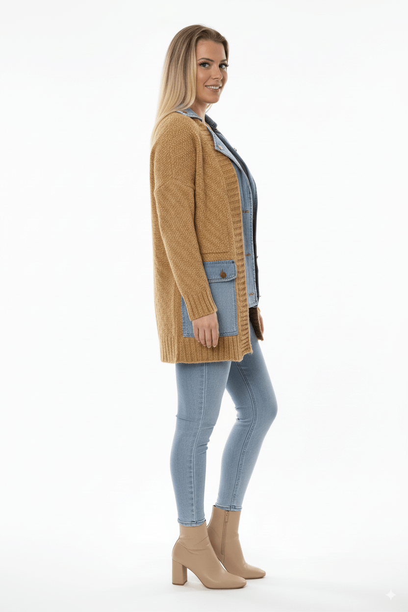 Okergeel Dames Vest met Denim Details – Knit Cardigan - BlushFashionstore