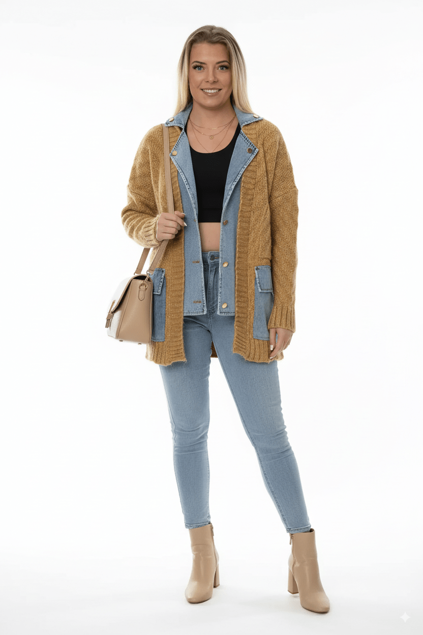 Okergeel Dames Vest met Denim Details – Knit Cardigan - BlushFashionstore