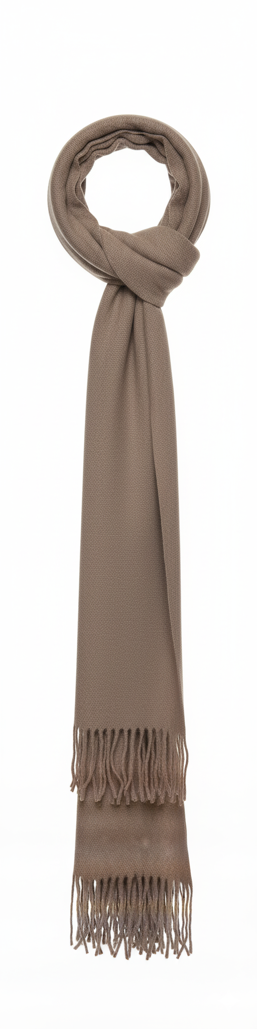 Taupe sjaal met franjes – zachte, soepelvallende dames sjaal in neutrale kleur.