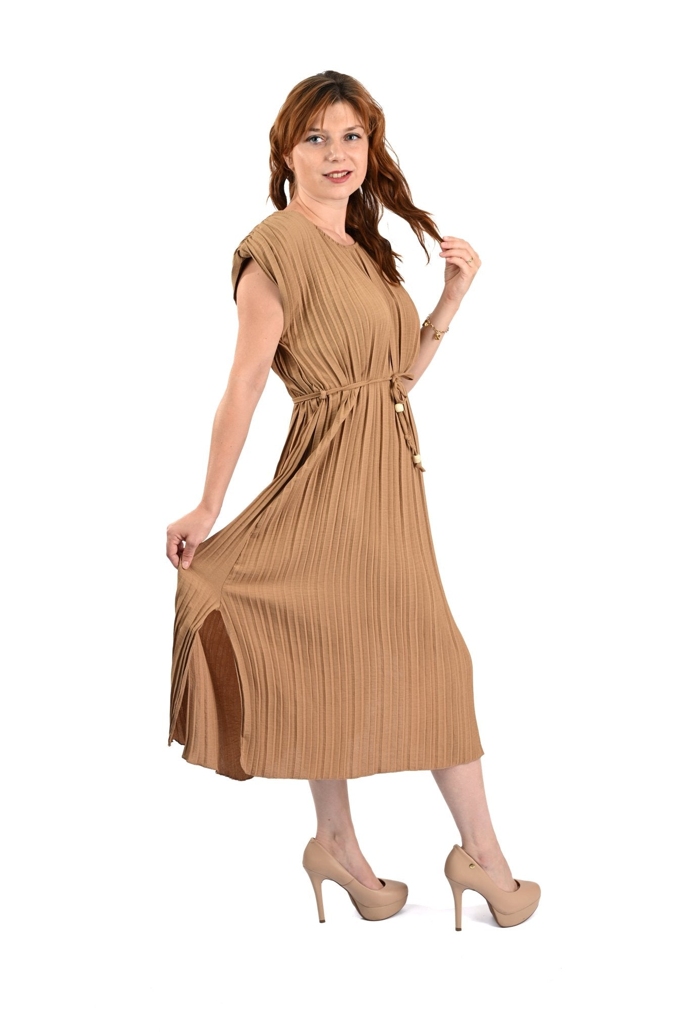 Pleated Dress Mouwloos Beige – Elegant, luchtig en tijdloos - BlushFashionstore