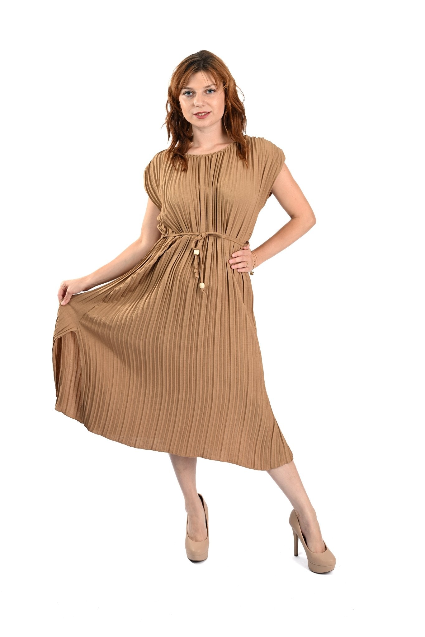 Pleated Dress Mouwloos Beige – Elegant, luchtig en tijdloos - BlushFashionstore