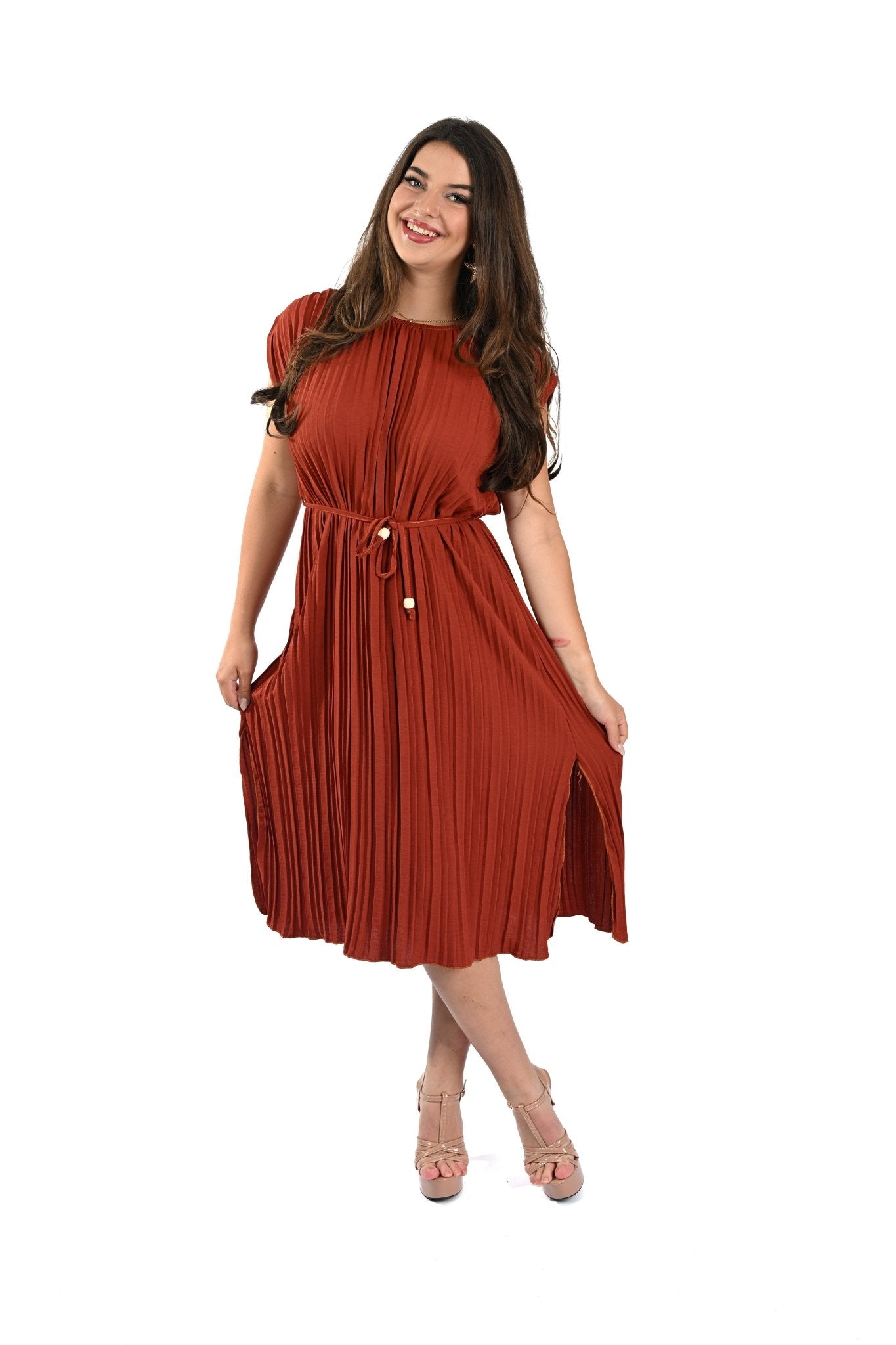 Pleated Dress Mouwloos Roest – Elegant, vrouwelijk en tijdloos - BlushFashionstore