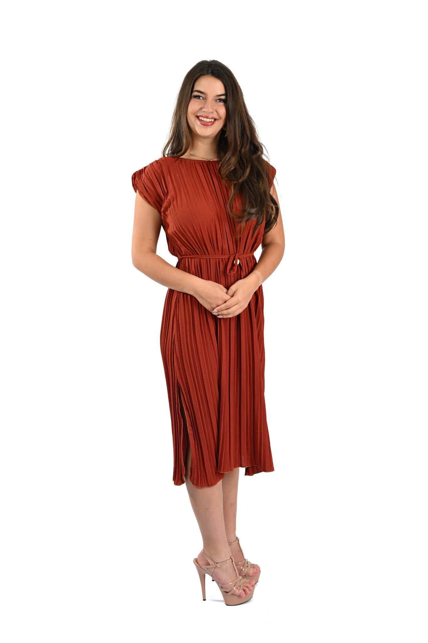 Pleated Dress Mouwloos Roest – Elegant, vrouwelijk en tijdloos - BlushFashionstore