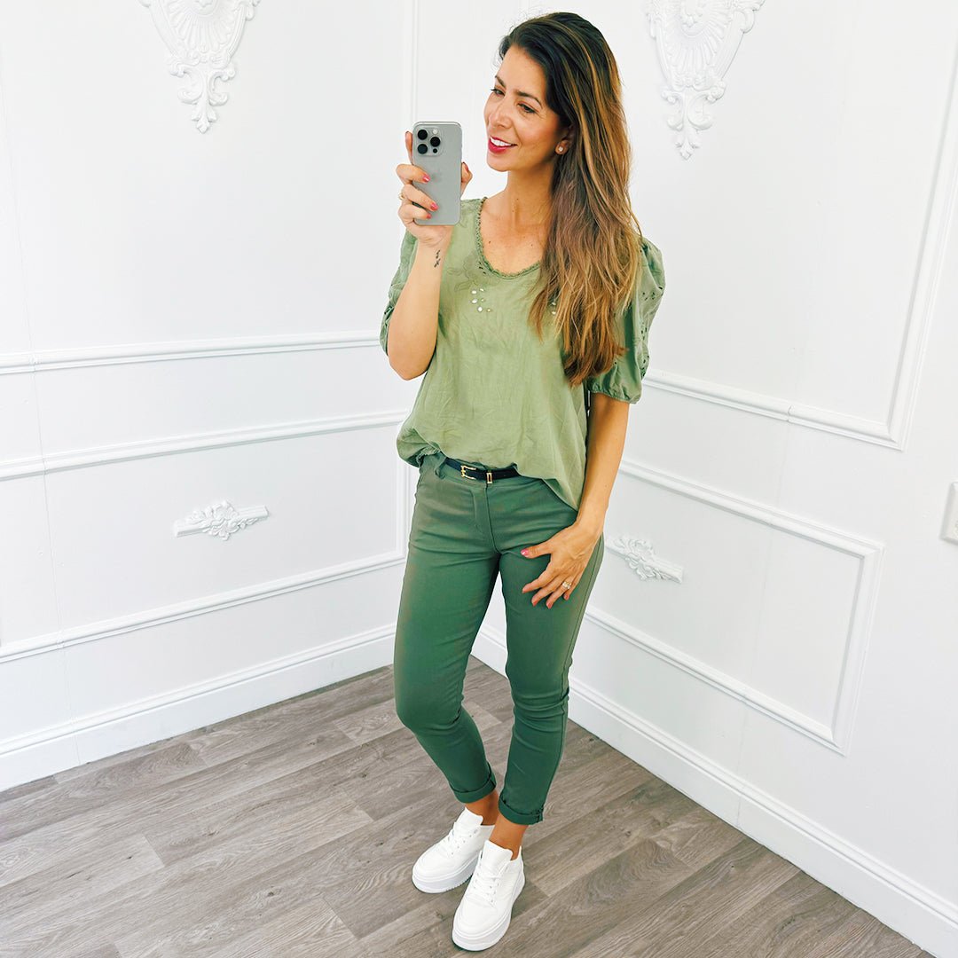 Pofmouw Broderie Top Army - BlushFashionstore