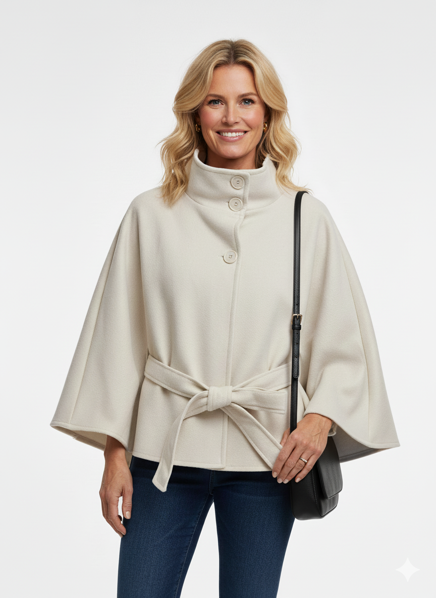 Vrouw draagt crèmekleurige cape met strikceintuur en knoopsluiting – elegante damesjas met hoge kraag.