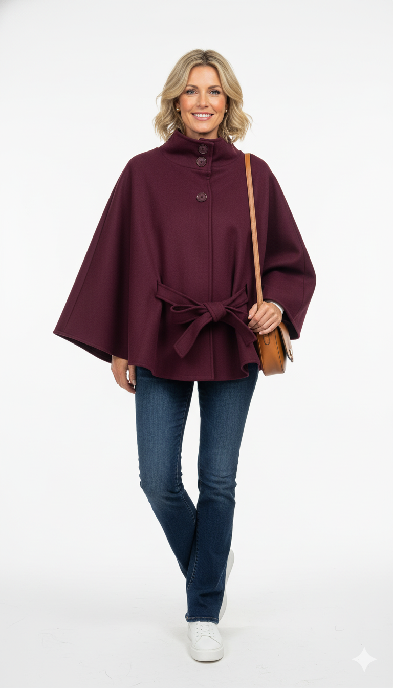 Vrouw draagt bordeauxrode cape met strikceintuur en knoopsluiting – elegante herfstjas met luxe uitstraling.
