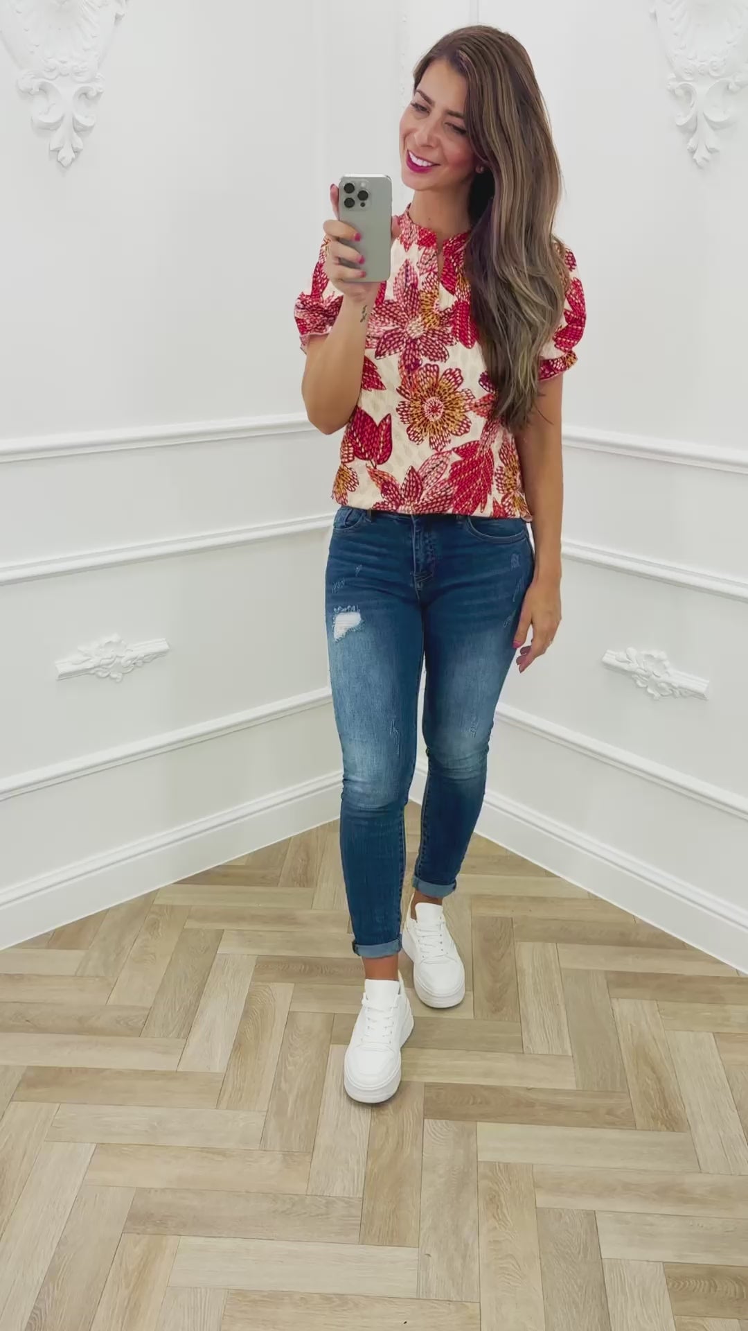 Puff Sleeve Top Flower Red