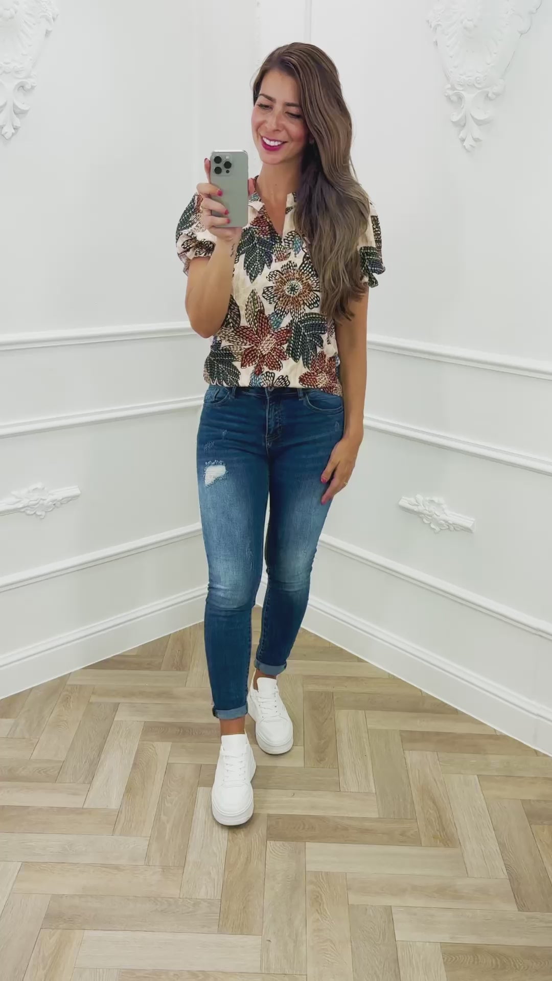 Puff Sleeve Top Flower Black