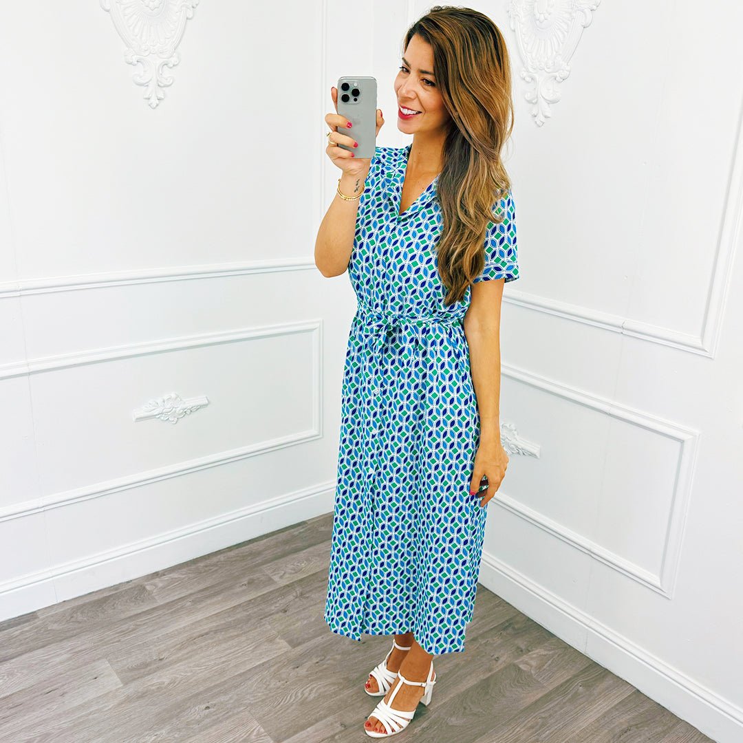 Print Blouse Dress Lang Kobalt - BlushFashionstore