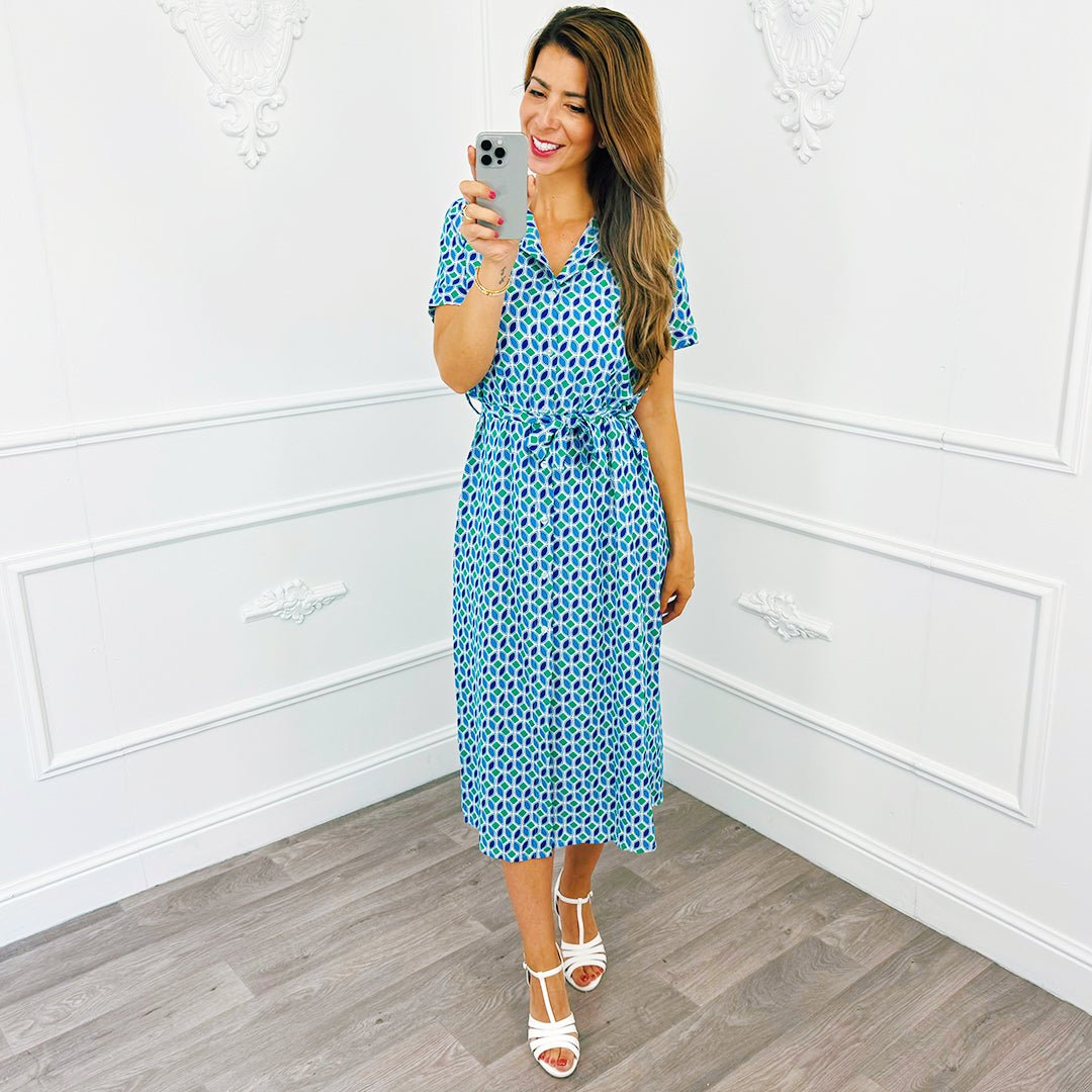 Print Blouse Dress Lang Kobalt - BlushFashionstore