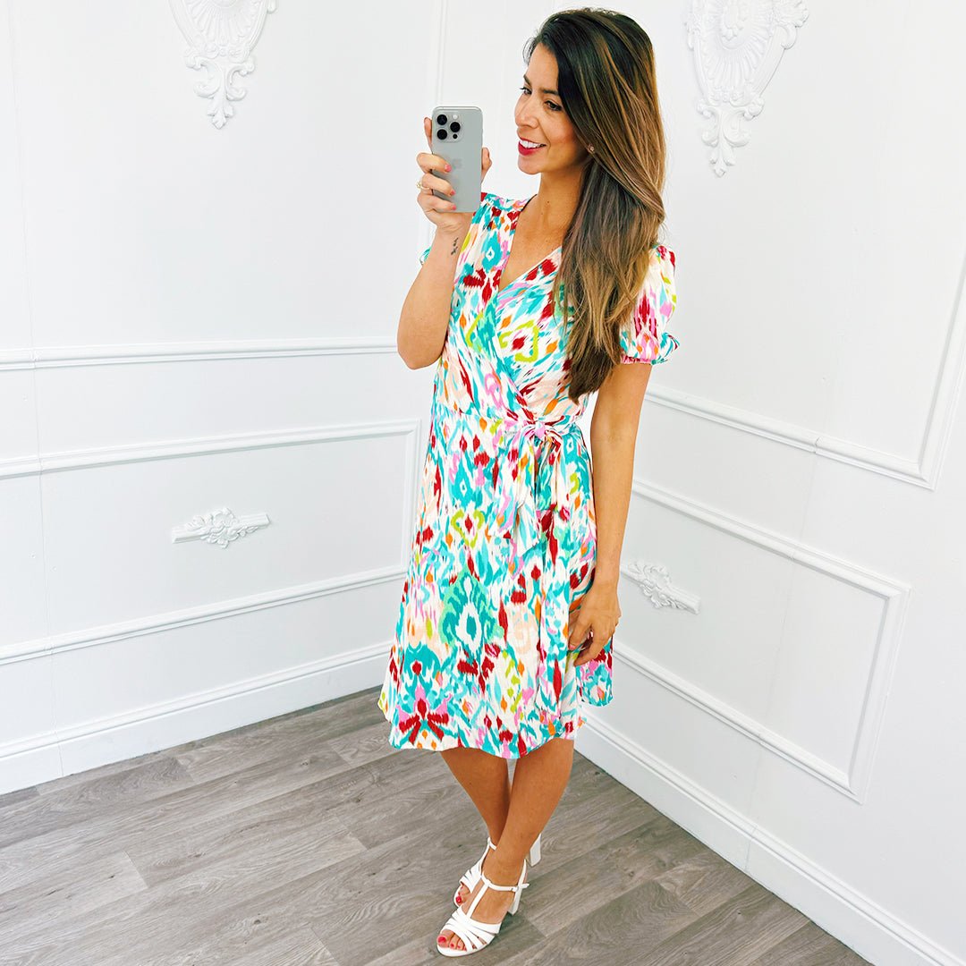 Print Wikkel Jurk Kort Turquoise - BlushFashionstore