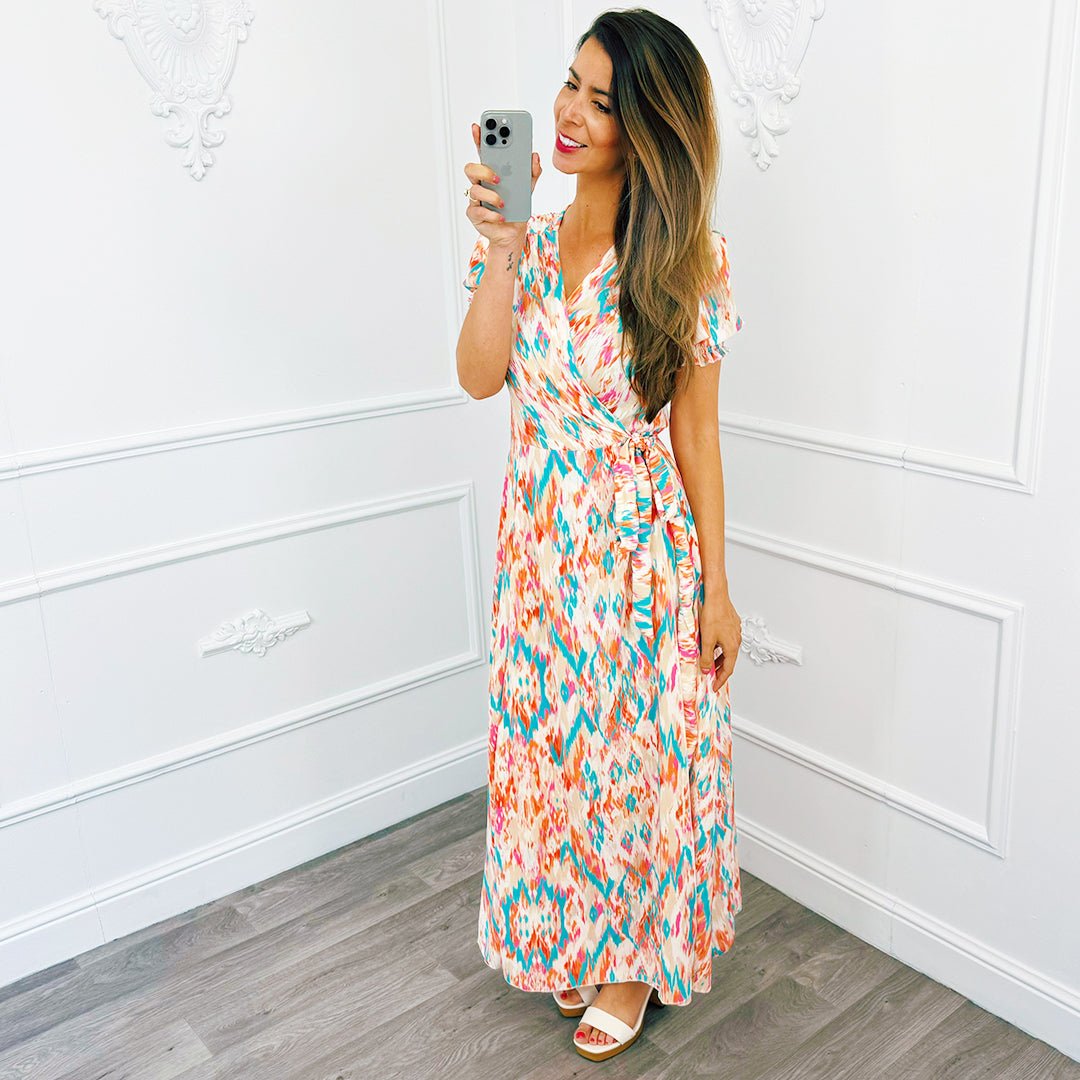Print Wikkel Jurk Lang Beige - BlushFashionstore