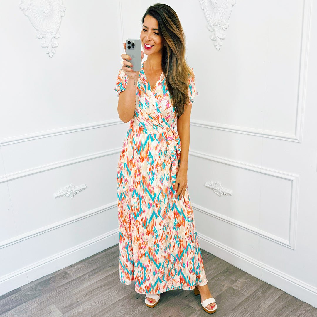 Print Wikkel Jurk Lang Beige - BlushFashionstore