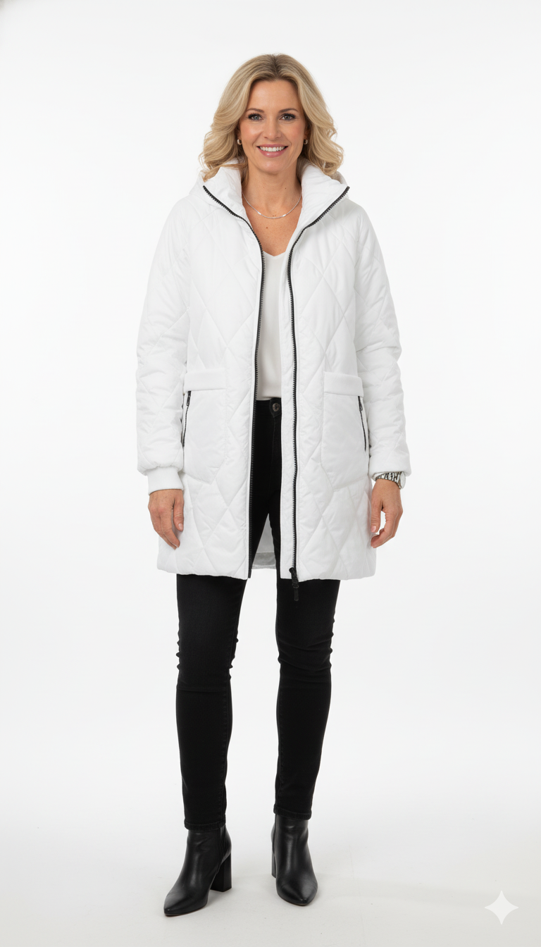 Model draagt een witte gewatteerde dames winterjas met hoge kraag en doorgestikte structuur van Blushfashionstore.