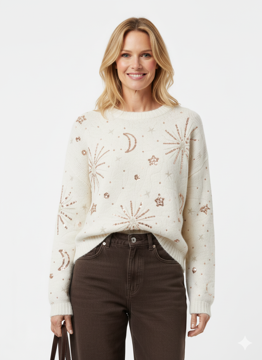 Model draagt ecru trui met roségouden pailletten, sterren en maanprint – warme feestelijke damestrui.