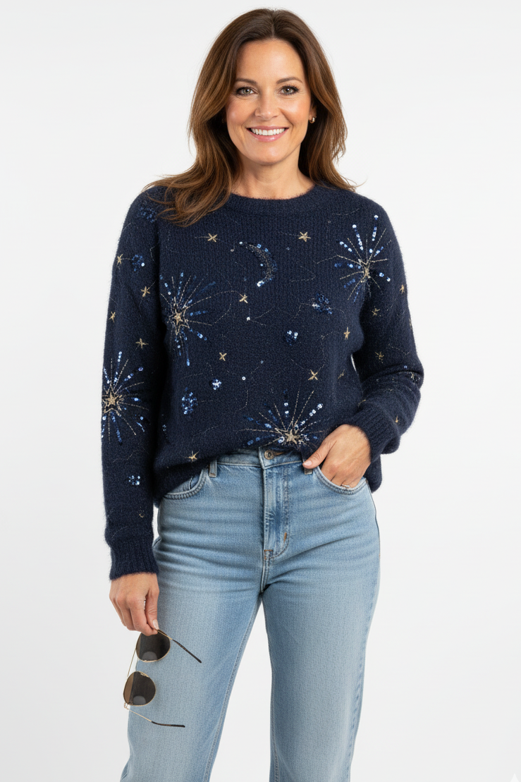 Model draagt donkerblauwe trui met pailletten, sterren en maanprint – warme feestelijke damestrui.