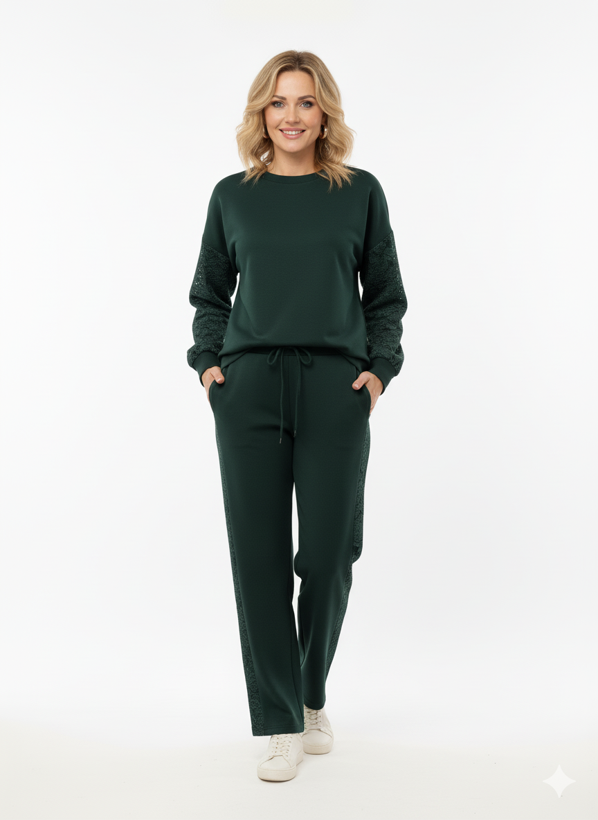Donkergroene dames loungewear set met kantdetails