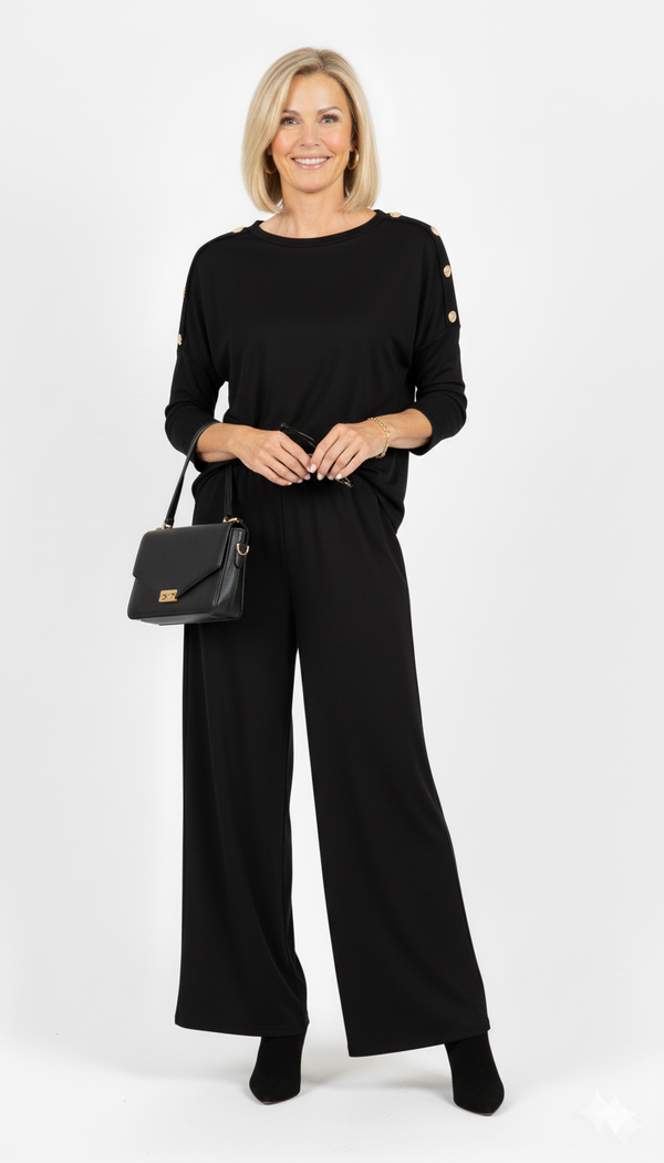Vrouw draagt zwarte dames set met gouden knopen op de schouders en rechte broek – elegante co-ord outfit met zwarte tas en enkellaarsjes.