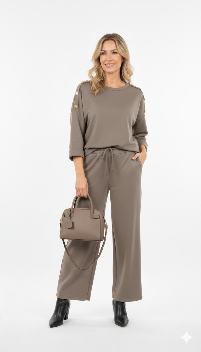 Vrouw draagt taupe dames set met gouden knopen op de schouders en rechte broek – elegante co-ord outfit met handtas en zwarte enkellaarsjes.