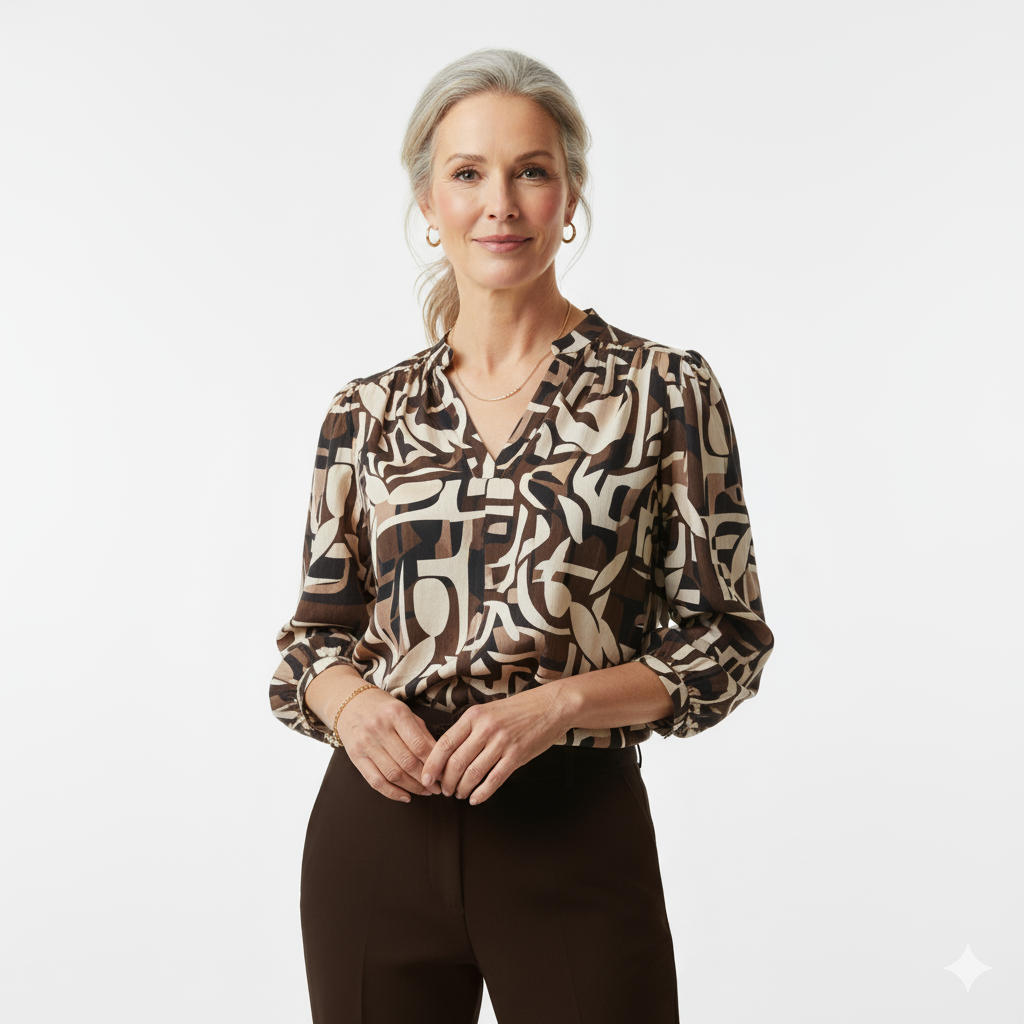 Model draagt bruin-beige abstracte print blouse met V-hals en lange mouwen – elegante dames blouse casual en zakelijk.
