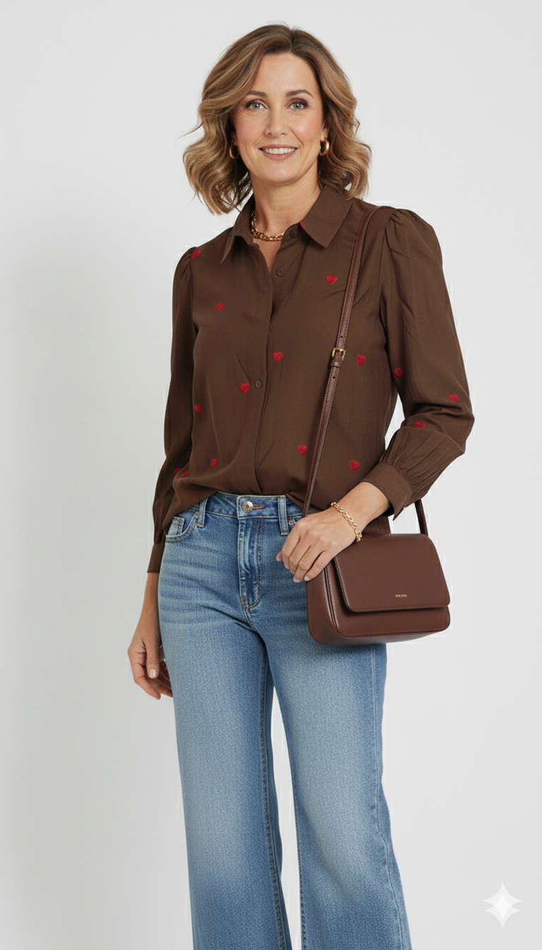 Model draagt een bruine blouse met rode hartjes van Blushfashionstore, gecombineerd met een jeans en bruine handtas.