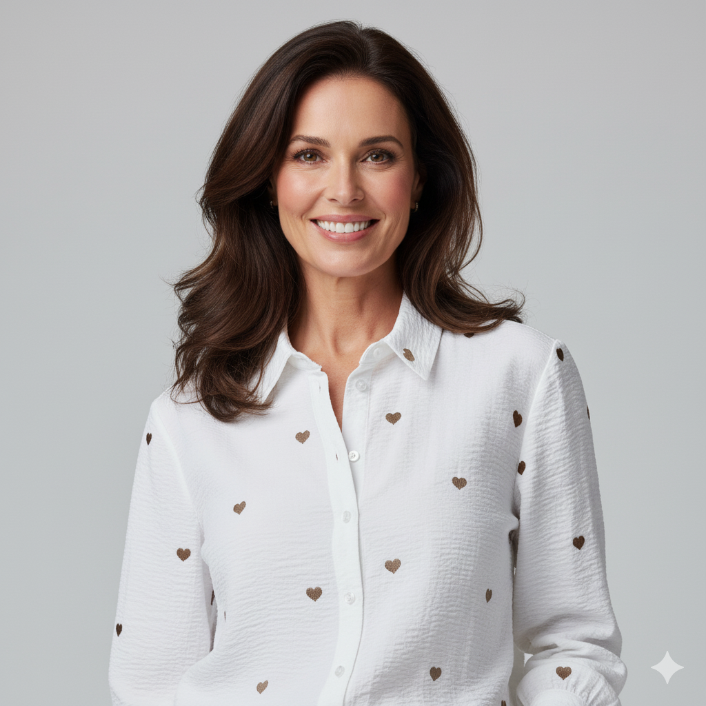 Model draagt een witte blouse met gouden hartjes van Blushfashionstore, gecombineerd met een natuurlijke make-up en golvend haar.