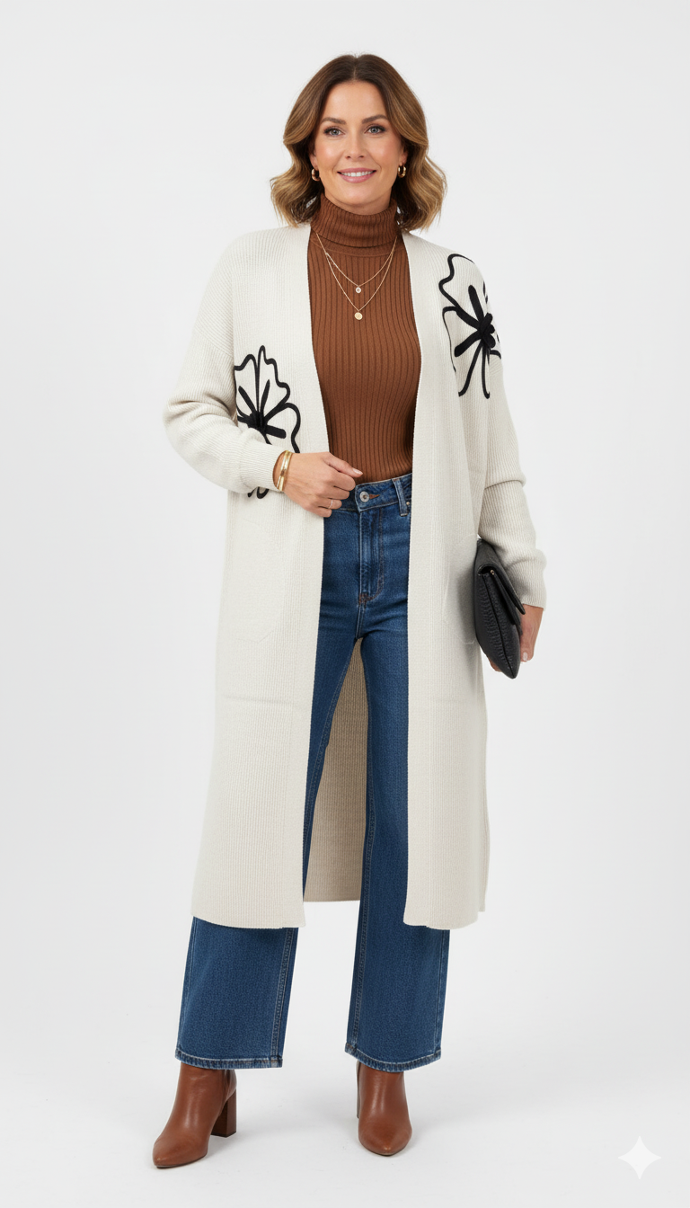 Model draagt een crèmekleurig lang vest met zwarte bloemenapplicatie van Blushfashionstore, gecombineerd met een bruine coltrui, jeans en bruine enkellaarsjes.