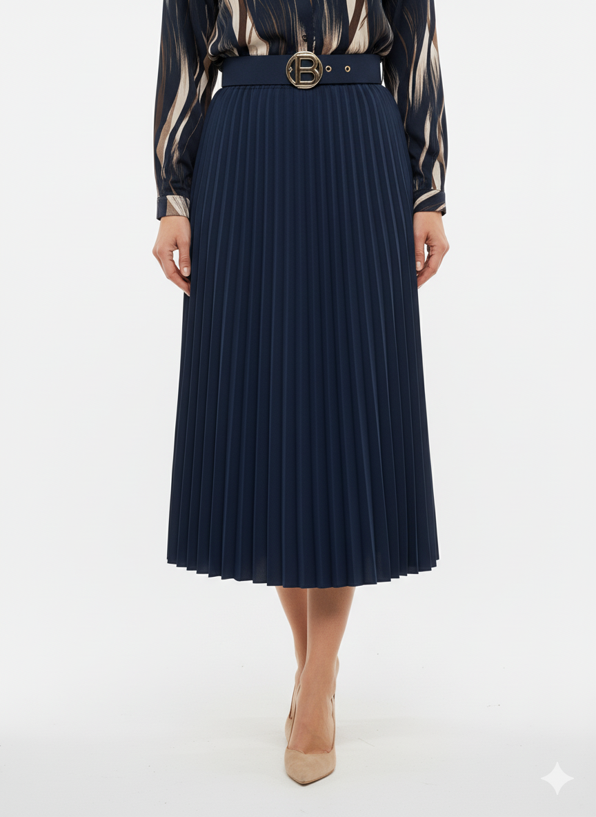 Donkerblauwe plissé rok dames midi.