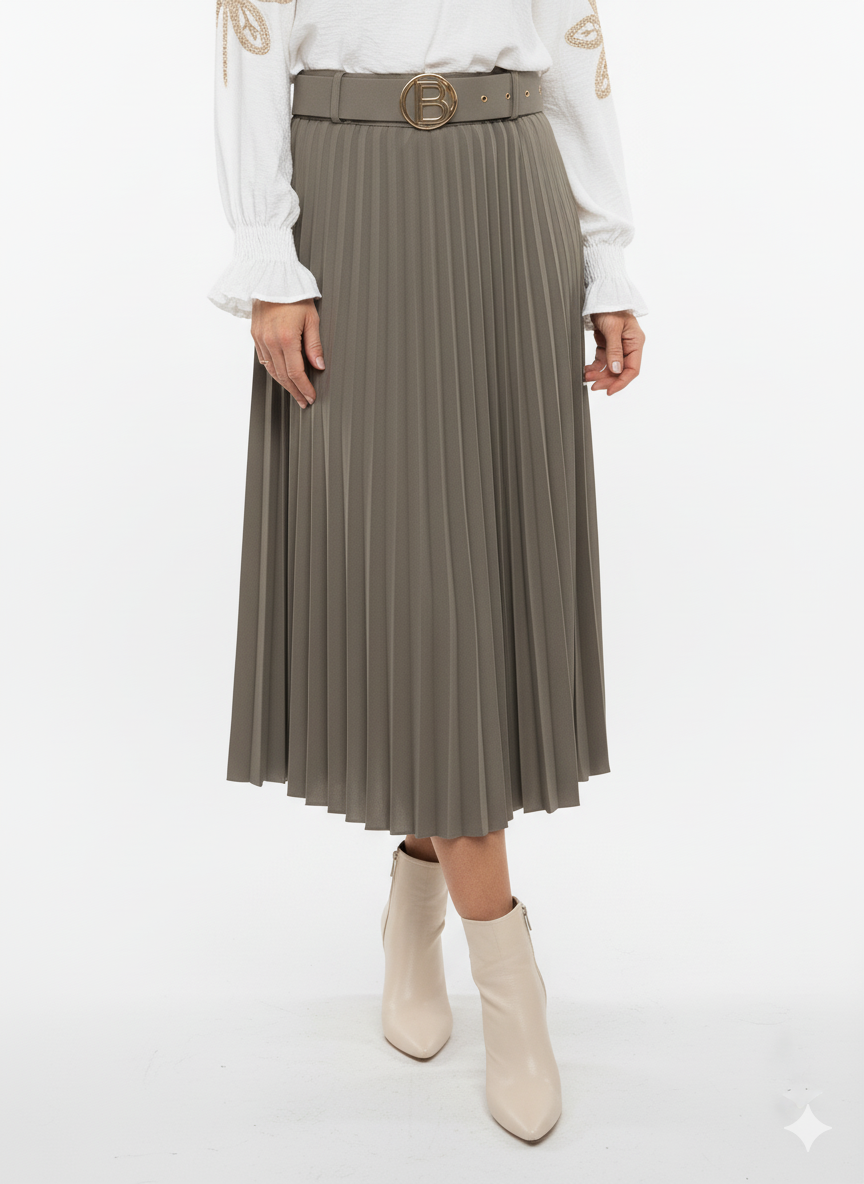 Taupe plissé rok midi dames.
