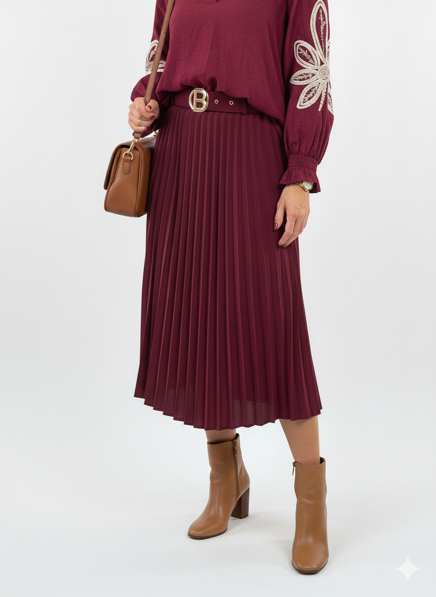 Bordeaux plissé rok midi dames.